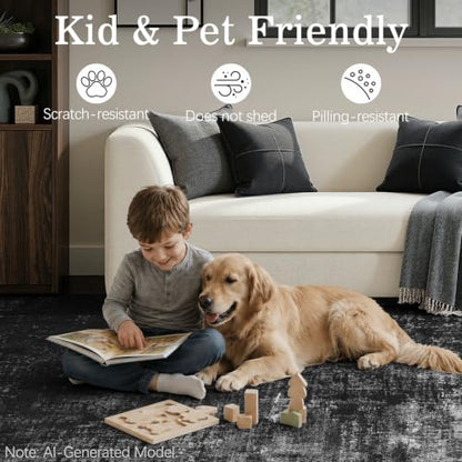 DCX Washable Abstract Area Rug 5x7, Non Slip Low Pile Rug, Black | Easy to clean, non-shedding, soft, kid & pet friendly, with a non-slip rubber backing for living rooms, bedrooms, and offices - color: Black, size: 5' x 7' (Rectangular)