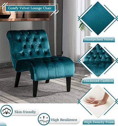 Comfy Velvet Accent Chair Set of 2, Tufted Armless Chair with Rolled Edge | Modern Small Lounger for Living Room, Upholstered Reading Chaise Lounge with Solid Rubber Wood Legs, Teal - color: Teal, size: Set of 2