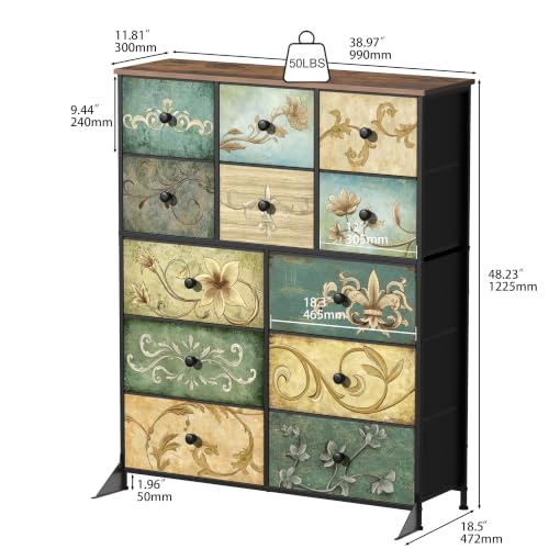 Dresser with Drawers for Bedroom Chest of Drawers Fabric Dresser for Closet,Nursery Entryway Hall Tree TV Stand for Living Room Retro Floral Pattern Drawers Wooden Top (12 Drawers) - size: 11.8"D x 39"W x 48.4"H (12 Drawers)
