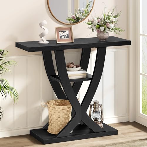 FAVOOSTY Entryway Table, 3 Tier Hallway Table, Console Tables for Living Room, Narrow Entrance Table with Storage, Sofa Table Behind Counch, Accent Table for Entry Foyer, Black - color: Black
