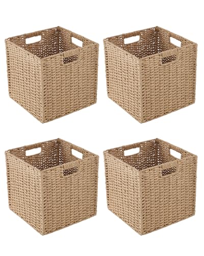 Paper Woven Foldable Storage Baskets 4 Pack, 11.4 Inch Cube Storage Bins, Handmade Paper Material Collapsible Organizer for Shelves & Home Organization, Ideal for Clothes Books Toys Snacks (Natural) - color: Natural- 4pack