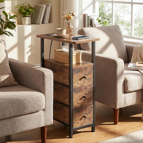 Narrow End Table with Charging Station, Small Nightstand | Skinny Side Tables Living Room with 3 Fabric Drawers, Slim Bedside Table for Bedroom, Small Spaces, Couch, Brown - color: Rustic Brown, size: 27.55''H (3 Drawers), style: Power