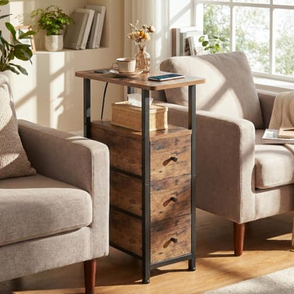 Narrow End Table with Charging Station, Small Nightstand | Skinny Side Tables Living Room with 3 Fabric Drawers, Slim Bedside Table for Bedroom, Small Spaces, Couch, Brown - color: Rustic Brown, size: 27.55''H (3 Drawers), style: Power