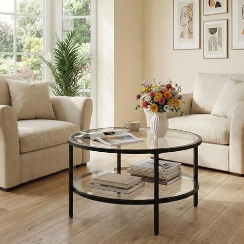 DIYART 29.5" Round Glass Coffee Table, 2-Tier Modern Black Glass & Metal End Table for Living Room, Mid Century Accent Table with Lower Shelf, 29.5" D x 16.5" H