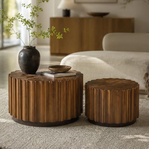 WILLIAMPSACE Round Nesting Coffee Table Set of 2, Rustic Farmhouse Wooden Drum Center Tables with Vertical Slatted Body, Tea Table for Living Room Apartment, No Assembly (19.7"+27.5", Walnut) - color: 19.7"+27.5", Walnut