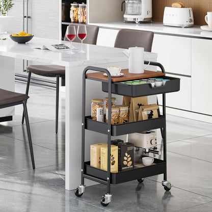 TOOLF 3-Tier Utility Rolling Cart with Wooden Board and Drawer, Metal Storage Cart with Handle, Black Trolley Kitchen Organizer Rolling Desk with Locking Wheels for Office, Classroom, Home, Bedroom - color: Black