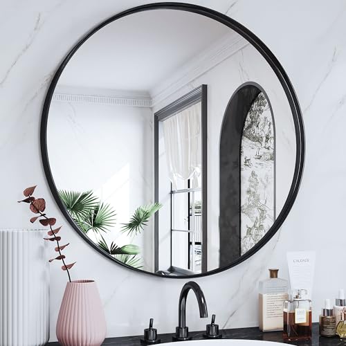 Suidia 30" x 30" Bathroom Mirror, Bathroom Vanity Mirror Metal Framed, Wall-Mounted Mirrors for Bedroom, Living Room, Entryway, Hallway, Black, Round Style - color: Black, size: 30"L x 30"W, style: Round Style