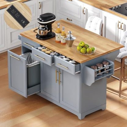 59.3" Rolling Kitchen Island with Trash Can Storage, Mobile Kitchen Storage Island with Drop Leaf, Power Outlet, Pull Out Cabinet Organizer (Greyblue) - color: Greyblue