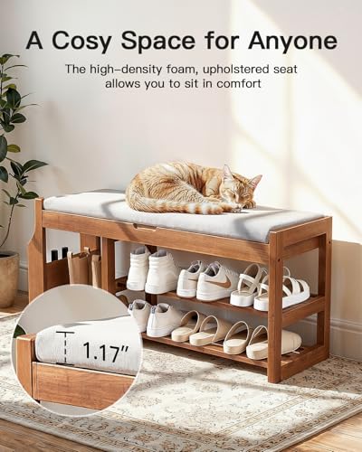 Pipishell 34" Pine Wood Shoe Bench Entryway with Soft Cushion and Storage | Lift-top storage, side holder, 440 lbs weight capacity, sturdy and durable, EPA & CARB-certified, holds 7 pairs, for entryway - size: 33.6 Inch