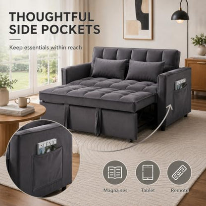 3 In 1 Velvet Convertible Sofa Bed, Pull Out Couch Bed with Reclining Backrest And 2 Pillows, 54" Full Size Loveseat Sleeper Sofa Futon Couch Bed, Couches For Small Spaces, Living Room (Grey) - color: Grey