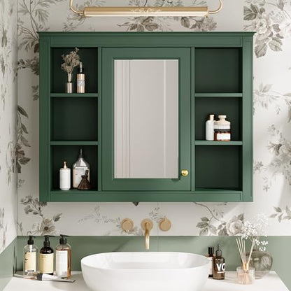 Wall Mounted Medicine Cabinet, Bathroom Storage Cabinet with Mirror Door and 6 Adjustable Open Shelf (7.3" D x 35" W x 27.5" H) (Green) - color: Green