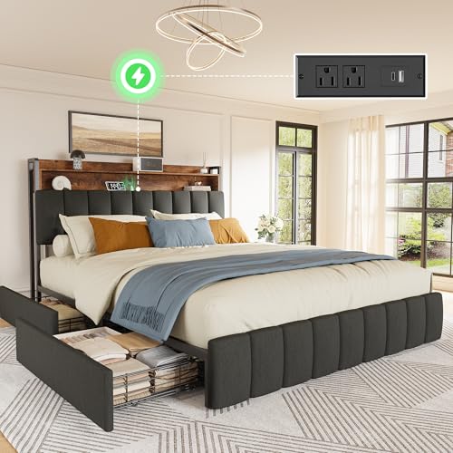 Bed Frame Queen Size with Upholstered Headboard & Charging Station, Queen Bed Frame with 4 Storage Drawers, 2-Tier Open Shelves, No Box Spring Needed, Slient Foam Strip, Easy Assembly, Black - color: Rustic Brown and Black, size: Queen