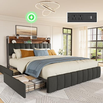Bed Frame Queen Size with Upholstered Headboard & Charging Station, Queen Bed Frame with 4 Storage Drawers, 2-Tier Open Shelves, No Box Spring Needed, Slient Foam Strip, Easy Assembly, Black - color: Rustic Brown and Black, size: Queen