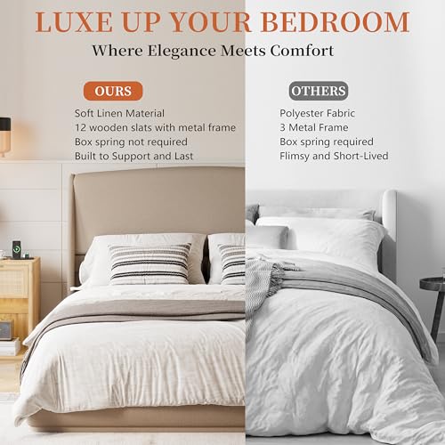 RuiSiSi Queen Size Upholstered Bed with Wingback Headboard, Low Profile Linen Fabric Platform Bed Frame, Strong Wood Slats, No Box Spring Needed, Easy Assembly, Brown - color: Brown