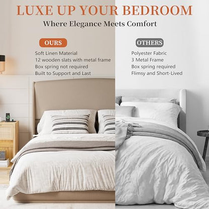 RuiSiSi Queen Size Upholstered Bed with Wingback Headboard, Low Profile Linen Fabric Platform Bed Frame, Strong Wood Slats, No Box Spring Needed, Easy Assembly, Brown - color: Brown