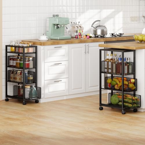 4 Tier Narrow Kitchen Rolling Cart, 9.1" Wide Slim Kitchen Storage Cart with Pull-Out Baskets, Adjust Pantry Organizer and Storage Cart with Wheels, Multifunctional Fruit Vegetable Spice Storage Cart - size: Small 4 Tier Black