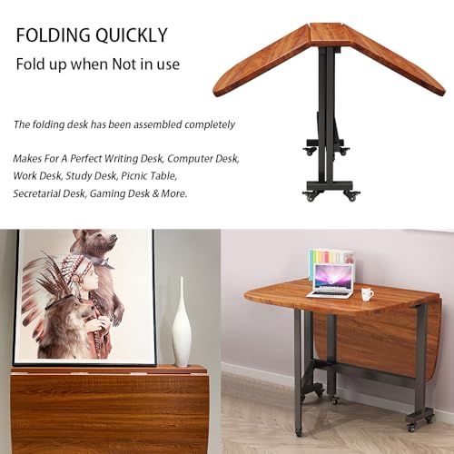 Multifunction Table Drop Leaf Dining Table - 47" Wooden Foldable Kitchen Table with 6 Wheels (Brown) - color: Brown