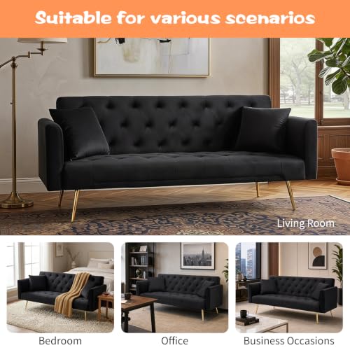 71" Modern Velvet Sofa Bed Futon, Convertible Sleeper Couch, Adj. Backrest (Black-Velvet) - color: Black-velvet