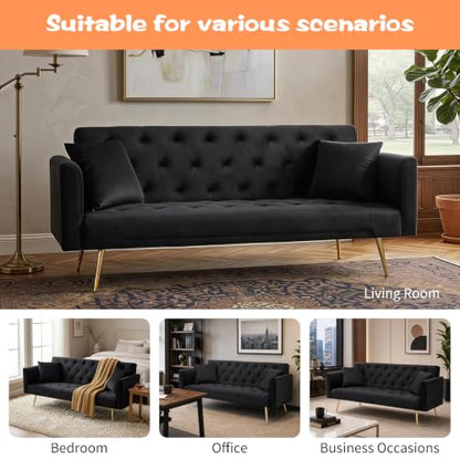 71" Modern Velvet Sofa Bed Futon, Convertible Sleeper Couch, Adj. Backrest (Black-Velvet) - color: Black-velvet