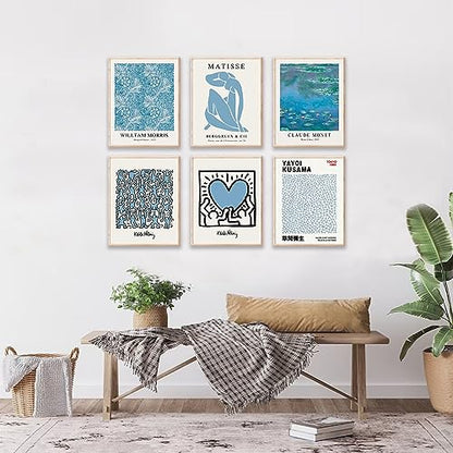 Matisse Wall Art Prints Set of 6, Abstract Blue Matisse Wall Art Exhibition Posters, Modern Blue Matisse Print William Morris Painting Yayoi Kusama Poster Claude Monet Prints, Boho Canvas Art Prints - color: Blue Matisse Wall Art, size: 8x10 inch