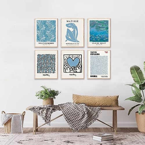 Matisse Wall Art Prints Set of 6, Abstract Blue Matisse Wall Art Exhibition Posters, Modern Blue Matisse Print William Morris Painting Yayoi Kusama Poster Claude Monet Prints, Boho Canvas Art Prints - color: Blue Matisse Wall Art, size: 8x10 inch