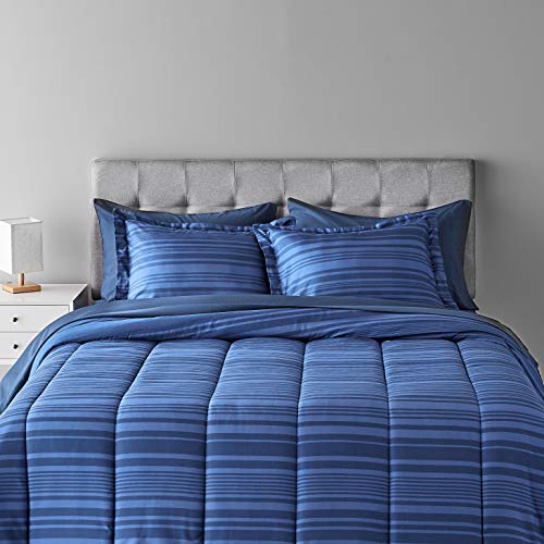Amazon Basics Full/Queen Comforter Set with Sheets, 7-Piece Blue Calvin Striped Bedding, Lightweight Microfiber Bed-in-a-Bag - color: Blue Calvin Striped, size: Full/Queen, style: 1-Pack