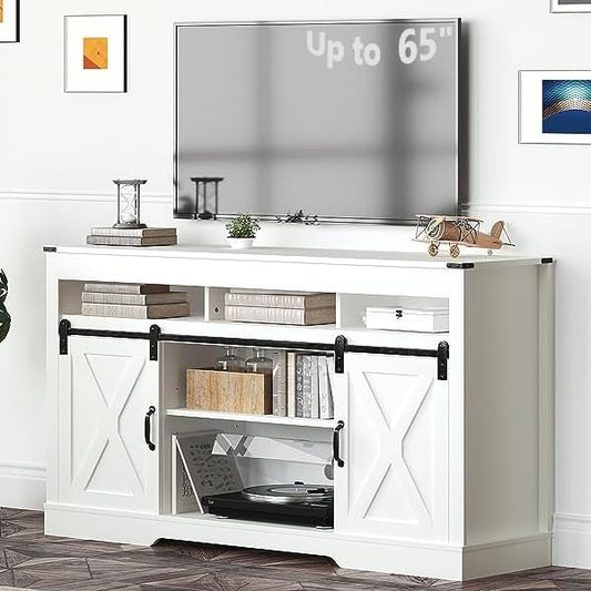 RoyalCraft Farmhouse TV Stand with Sliding Barn Door for TVs up to 65+ Inch, 34" Tall Entertainment Center, Wood Media Console Storage Cabinet for Bedroom, Living Room, White - color: White1, style: Without Fireplace