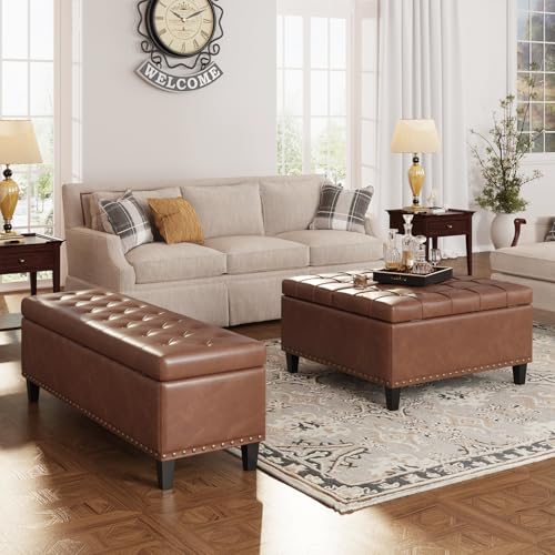FiveWillowise 31.5 Inch Large Square Ottoman with Storage,Faux Leather | Coffee Table Storage Ottoman Bench with Lift Top Upholstered Footrest Stool Toy Box for Bedroom Living Room,Brown - color: Brown