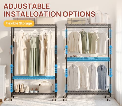 Duty Rolling Rack, 3-Tier Adjustable Clothes Rack with Double Rods, Black | Heavy Duty Rolling Rack, Double Rods, Adjustable Shelves, Side Hooks, Lockable Wheels, Carbon Steel, Rustproof, Easy Assembly - color: BLACK, size: 23.6IN