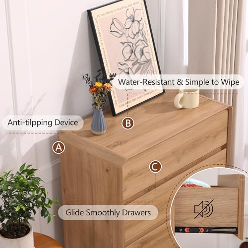 5 Drawers Tall Dresser, 50inch Mid Century Dresser, Nature | Kids Dresser, Tall Nightstand Storage Organizer for for Bedroom, Small Dresser Living Room, Console table for Entryway
