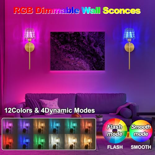 Battery Operated Crystal Wall Sconce Set of 2, Amber Rechargeable Wireless Wall Sconces with Remote Dimmable 12 Colors Modes Led Wall Lights for Bedroom Living Room Hallway, 2 Bulbs Included - color: Amber