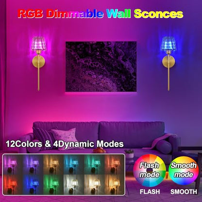 Battery Operated Crystal Wall Sconce Set of 2, Amber Rechargeable Wireless Wall Sconces with Remote Dimmable 12 Colors Modes Led Wall Lights for Bedroom Living Room Hallway, 2 Bulbs Included - color: Amber