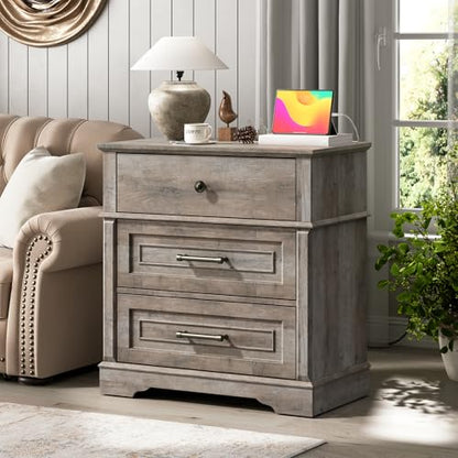 3 Drawer Tall Nightstand with Charging Station, Farmhouse Bedside Table, 27.6" W x 29.5" H, Wide End Table for Bedroom Living Room, End Tables with Charging Station, Greige - color: Greige