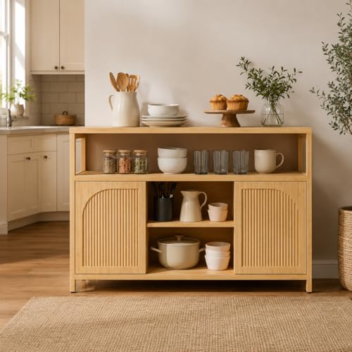 Bamboo Buffet Cabinet with Storage, Natural Sideboard Cabinet | 49“ Kitchen Storage Cabinet with 2 Doors and Shelves, Modern Buffet Table for Dining Room, Living Room, Bathroom, Entryway