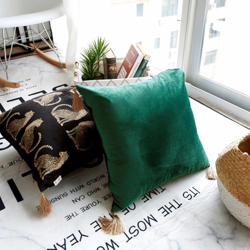 Lumbar Decorative Throw Pillow Cover with Tassels Leopard Pattern Cushion Cover Luxury Style Soft Velvet Pillowcase for Sofa Couch Bedroom (18"x18",Dark Green) - color: Dark Green, size: 18" x 18" (Pack of 1)