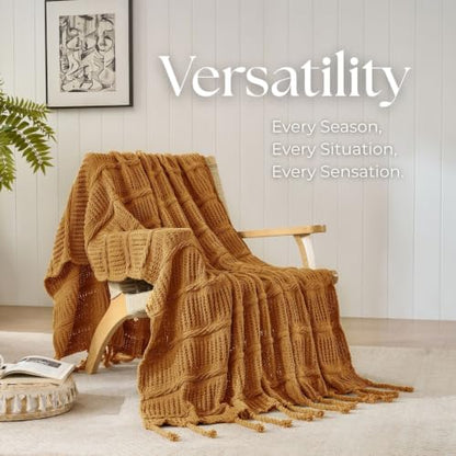 Boho Knitted Chenille Blanket with Tassels - Lightweight & Soft All-Season Throw - 3D Classic Pattern for Living Room Bedroom Couch, Amber Brown, Queen 90"x90" - color: Amber Brown, size: Queen