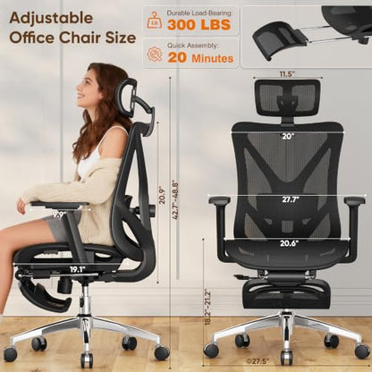 Ergonomic Office Chair with Footrest, 135° Reclining Desk Chair with Adjustable Lumbar Support,3D Armrest,Headrest & Large Steel Base, 300LBS Heavy Duty Mesh Chair - color: Onyx Black, size: 20.6X19.1X42.7~48.8 Inches