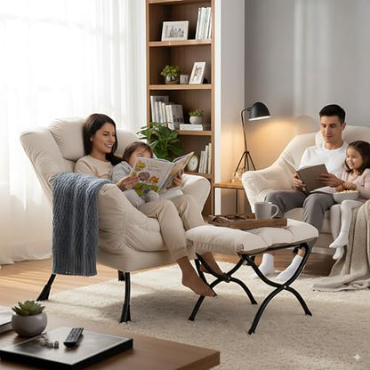 Lazy Chair with Ottoman, Comfy Accent Reading Chair, Velvet Beige | Foldable Footrest,Removable Cover,with Armrests and Side Pockets,Upholstered Lounge Chair for Bedroom,Dorm,Office,Small Space - color: Velvet Beige