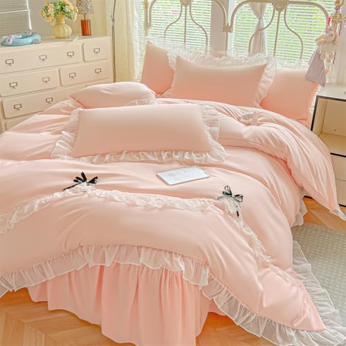MOOWOO Lace Ruffled Bedding Setwith Cute Bowtie- 3PC(1 Full Duvet Cover 80x90 Inch, 2 Pillowcases) Aesthetic Bedding for Romantic French Wedding - color: Pink, size: Full