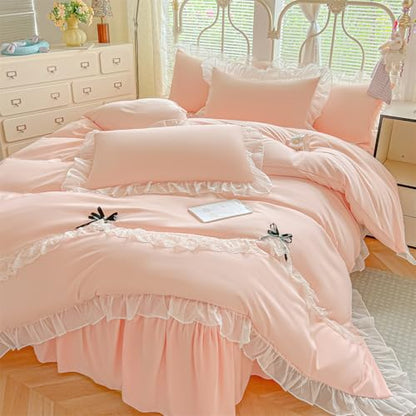 MOOWOO Lace Ruffled Bedding Setwith Cute Bowtie- 3PC(1 Full Duvet Cover 80x90 Inch, 2 Pillowcases) Aesthetic Bedding for Romantic French Wedding - color: Pink, size: Full