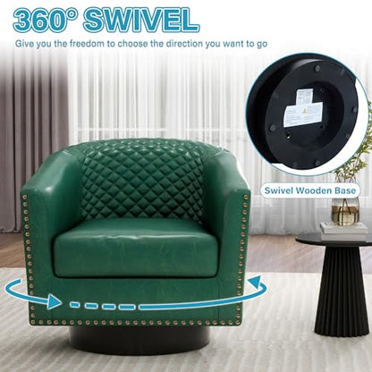 Faux Leather Swivel Accent Chair, Modern Barrel Club Armchair, Green | Comfy Living Room Chair, Modern Nailhead Trim Round Armchair Bedroom Reading Seat with Removable Cushion, Wood Frame - color: Retro Green