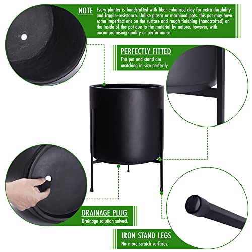 D'vine Dev Cylinder Planter Pot with Metal Stand, Black, 16 in, 96-T-B-5 | Durable Fiberclay Construction, Sleek Modern Design, Heavy-Duty Iron Stand, Drainage Hole & Saucer, Elegant Indoor Display - color: Black, size: XX-Large 16 Inch