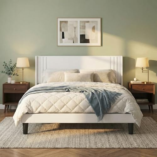 Gizoon Full Bed Frame with Wingback Headboard, Upholstered Platform Bed | Bed Frame with Padded Headboard,Wooden Slats, Noise-Free, No Box Spring Needed, Easy Assembly,White - color: White, size: Full