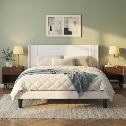 Gizoon Queen Bed Frame with Wingback Headboard, Upholstered Platform Bed | Bed Frame with Padded Headboard,Wooden Slats, Noise-Free, No Box Spring Needed, Easy Assembly,White - color: White, size: Queen