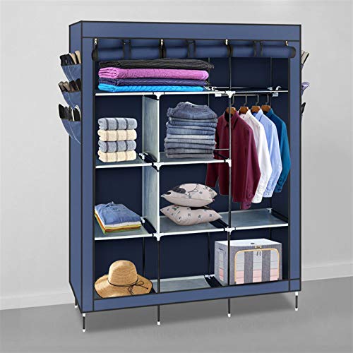 69" Portable Covered Garment Rack,Freestanding Closet Organizer,Non-Woven Fabric Closet Wardrobe,Steel Tube Wardrobe Clothes Rack,with Side Pockets,for Home, Bedroom, Living Room, Dorm (Dark Blue) - color: 127x45x175cm, Dark Blue-l