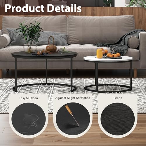 Otterease Nesting Tables Set of 2, Small Round Coffee Table for Living Room | Nesting Coffee Table with Adjustable Non-Slip Feet, Wood Grain Top Nesting Table for Bedroom (Wood Grain Black & White) - color: 31.5" Wood Grain Black&white