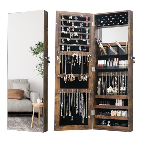 Full Length Mirror Jewelry Armoire Jewelry Cabinet - 2-in-1 Organizer for Makeup and Jewelry Lockable Storage Over The Door Mirror With Jewelry Storage- Rustic Brown - color: Rustic Brown, size: 43.3*14.6 Standard Mirror
