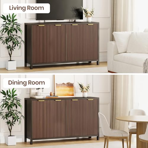 Fluted Buffet Cabinet with Storage, 55" Sideboard Cabinet with 4 Doors, Modern Credenza Accent Console Cabinet Coffee Bar Table for Living Room Dining Room Hallway, Dark Walnut - color: Dark Walnut