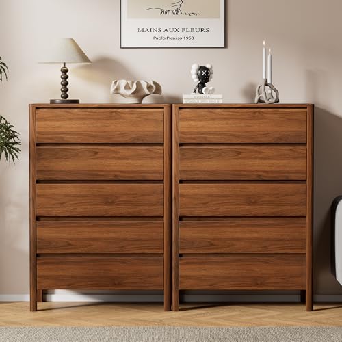 Walnut Dresser for Bedroom, 5 Drawer Dresser with Wood Legs, Tall Wood Dresser, Mid Century Modern Chest of Drawers, Large Storage Bedroom Furniture, Walnut - size: 15.7"D x 31.3"W x 45.6"H (5 Drawers)