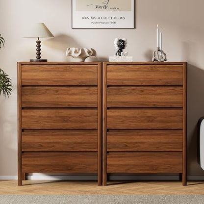 Walnut Dresser for Bedroom, 5 Drawer Dresser with Wood Legs, Tall Wood Dresser, Mid Century Modern Chest of Drawers, Large Storage Bedroom Furniture, Walnut - size: 15.7"D x 31.3"W x 45.6"H (5 Drawers)